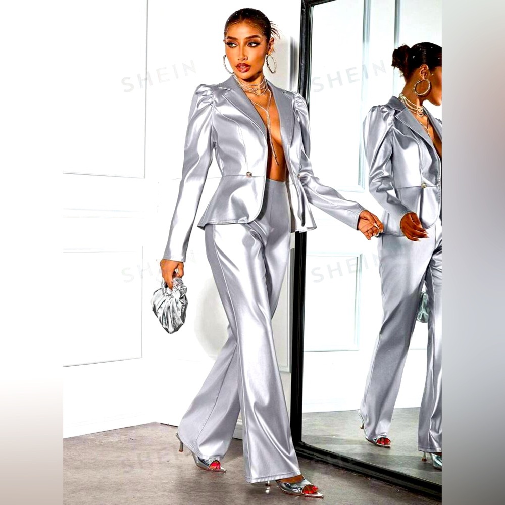 SXY 2pcs Women Silver PU Gigot Sleeve Blazer & Pants Suit For Party/Nightclub